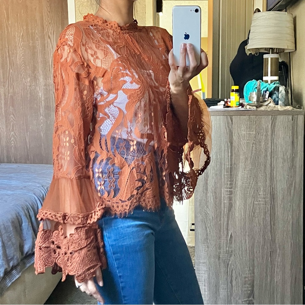 Burnt orange sheer lace blouse